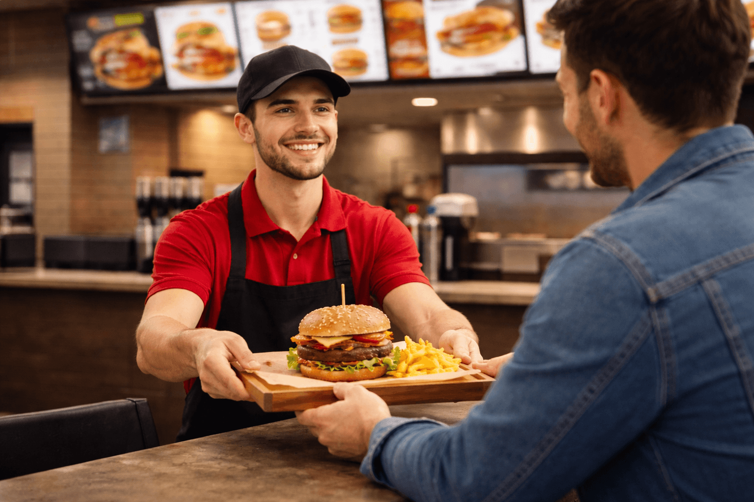 Restaurant employee handing a tray with a burger and fries to a customer at the counter.